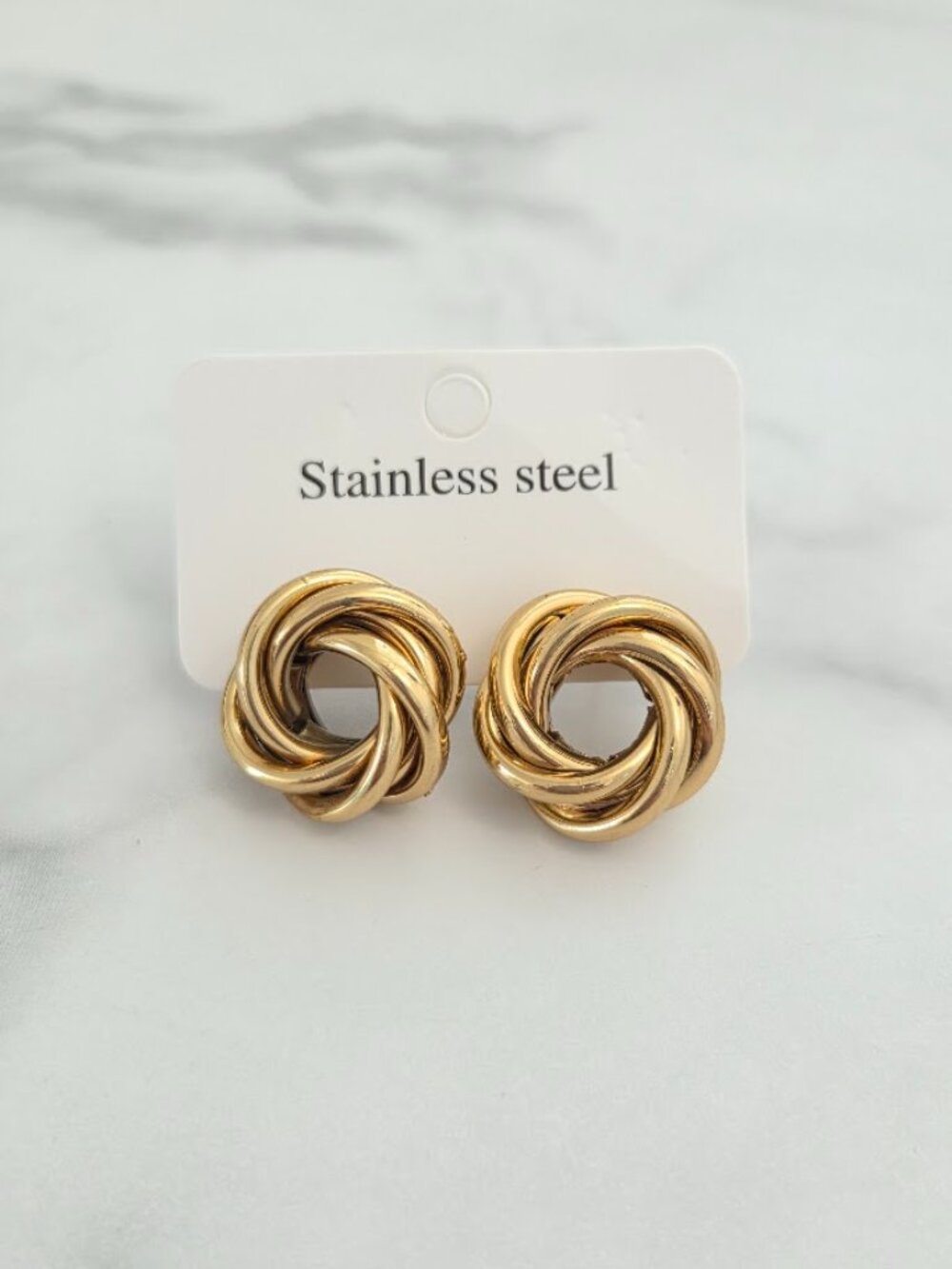 Gold Stainless Steel Woven Love Knot Stud Earrings Chunky Textured Swirl Hoop - Picture 2 of 11